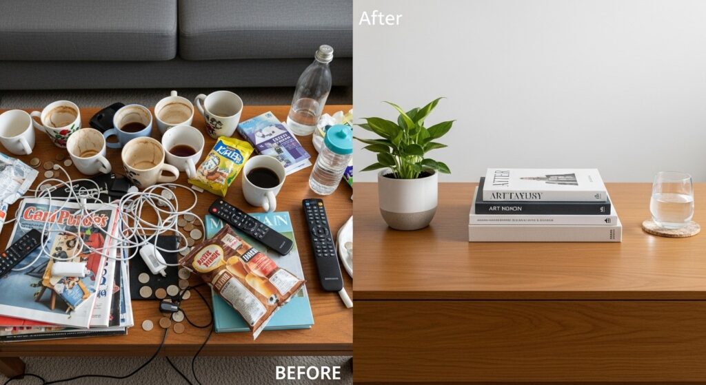 A warm shelf display with a handmade clay bowl, a personal framed photo, dried flowers, and a stack of worn books with a candle