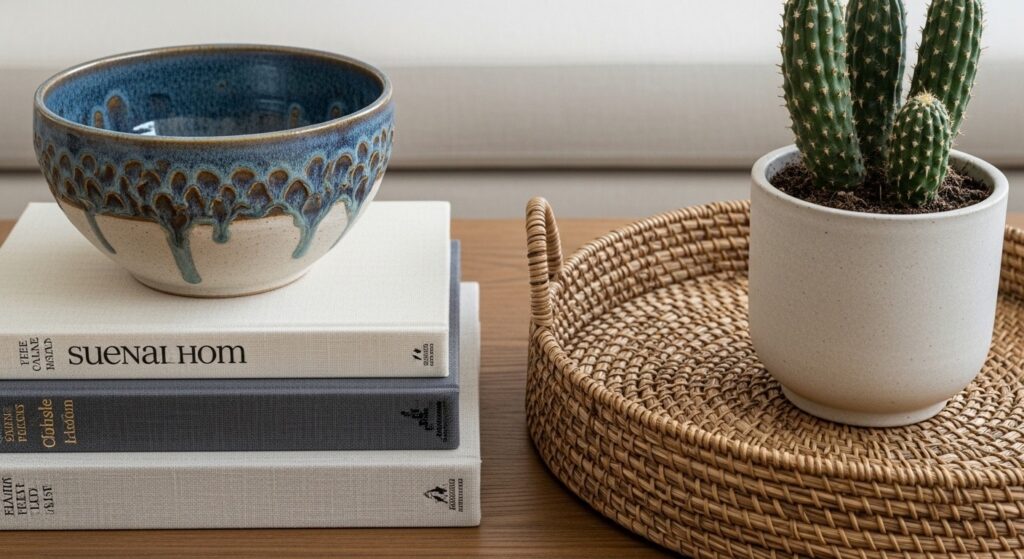 DIY living room decor with mixed textures including ceramic vase, chunky knit throw, and wooden tray