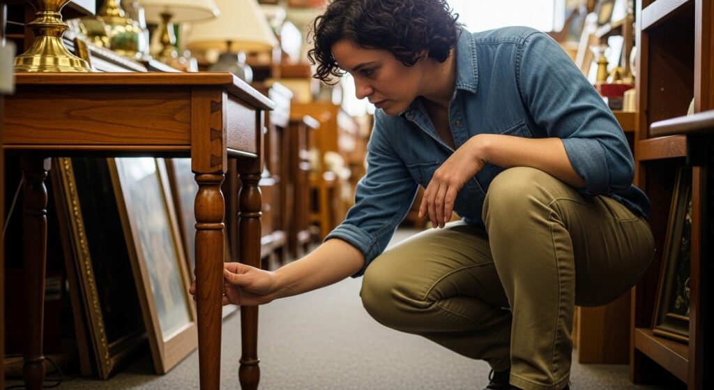 Shopper checking a thrift store table leg for sturdiness before buying secondhand furniture

