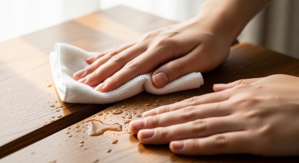 Cleaning a secondhand wood table with a cloth to remove spills and prep for use or refinishing

