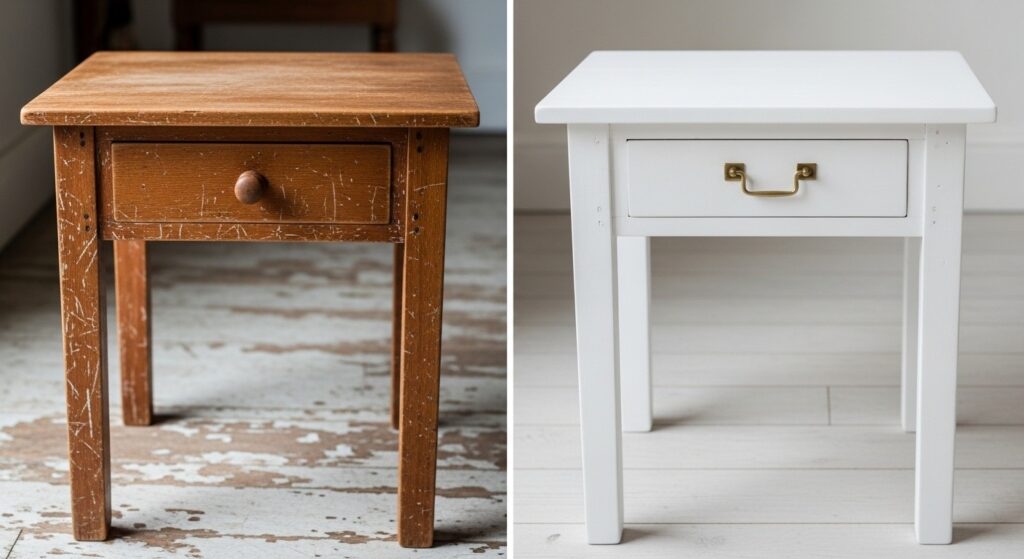 Before and after thrifted side table makeover painted white with updated hardware

