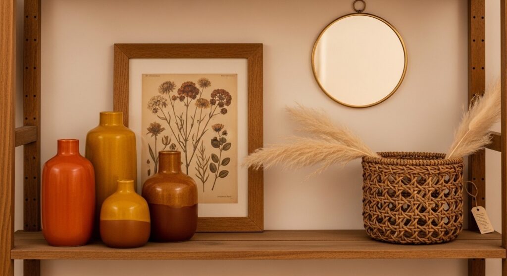 Thrifted shelf decor with vintage vases, botanical art, woven basket and warm living room styling

