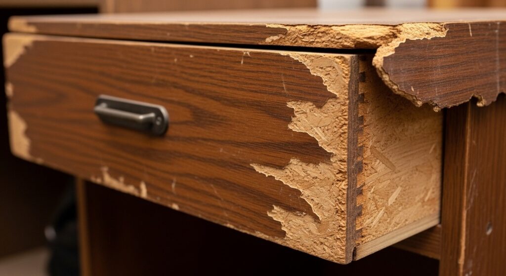 Close-up of damaged thrift furniture drawer with peeling veneer and exposed particleboard

