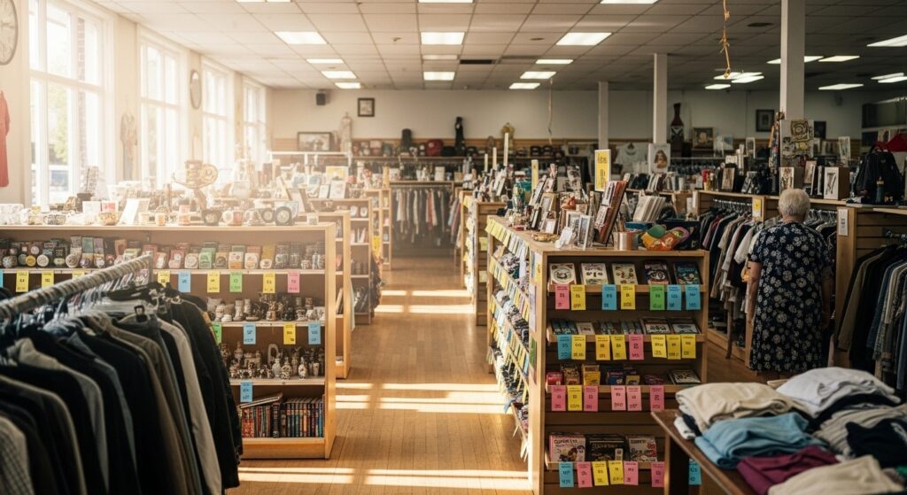 Bright thrift store interior with clothing, books, decor shelves and secondhand home shopping aisles


