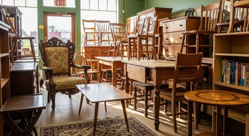 Busy thrift furniture store packed with secondhand chairs, tables, dressers and vintage living room finds

