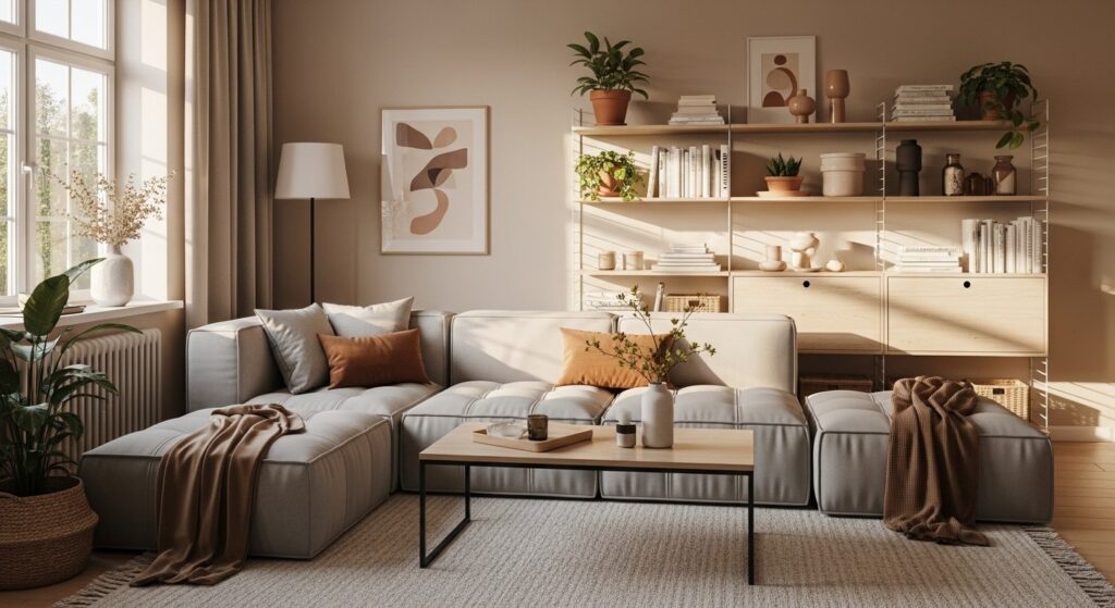 Cozy IKEA living room with modular sectional, open shelving, plants, and warm neutral decor

