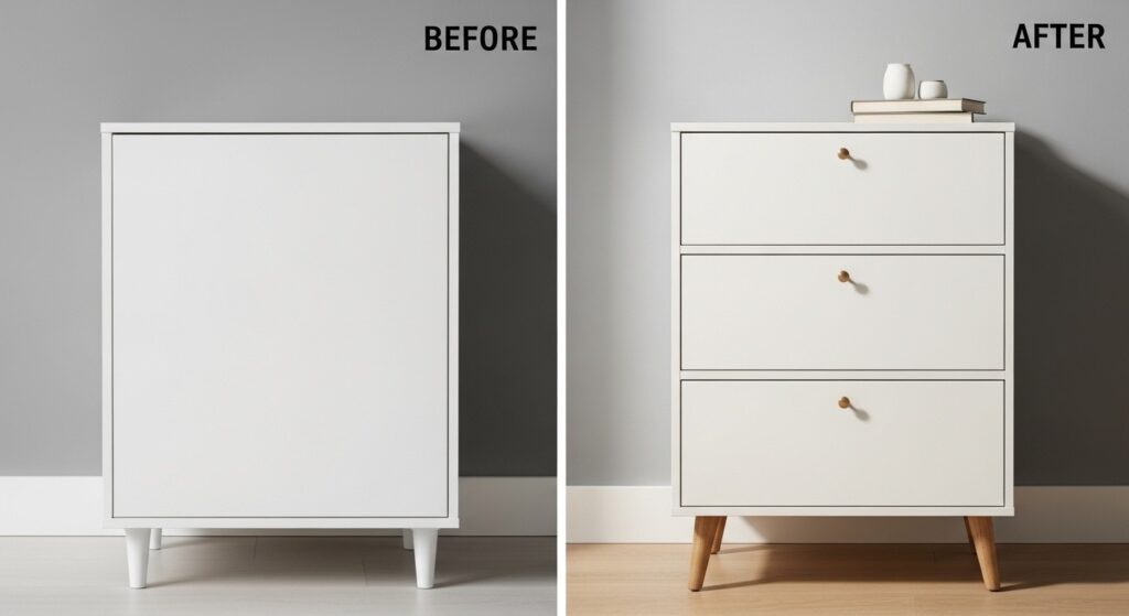 Before and after IKEA cabinet hack with added drawers, wood knobs, and tapered legs

