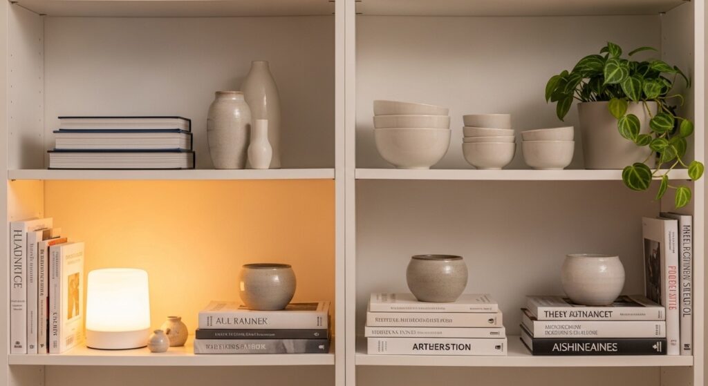 IKEA shelf styling with books, ceramics, plants, and warm shelf lighting hack

