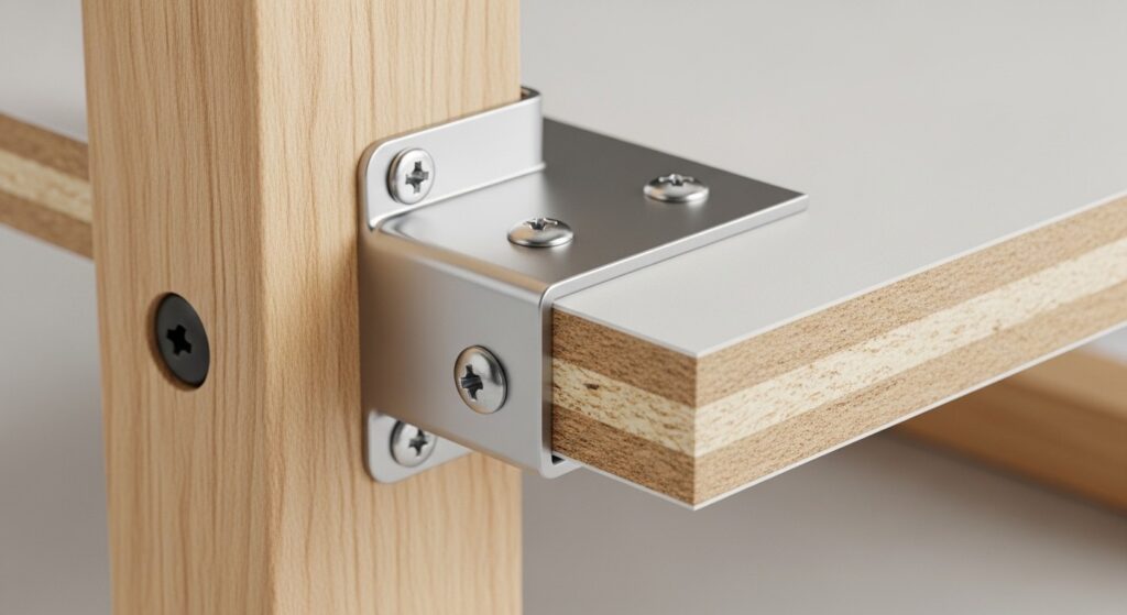 Close-up of IKEA-style shelf bracket, screws, and engineered wood furniture construction

