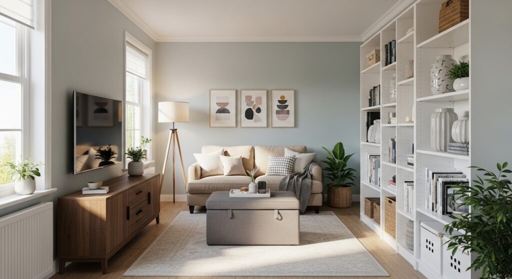 IKEA living room ideas with wall shelving, media console, storage ottoman, and neutral decor

