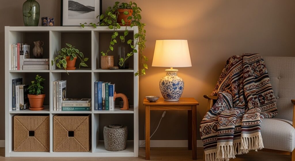 IKEA KALLAX-style shelf styled with plants, baskets, books, and cozy reading corner decor

