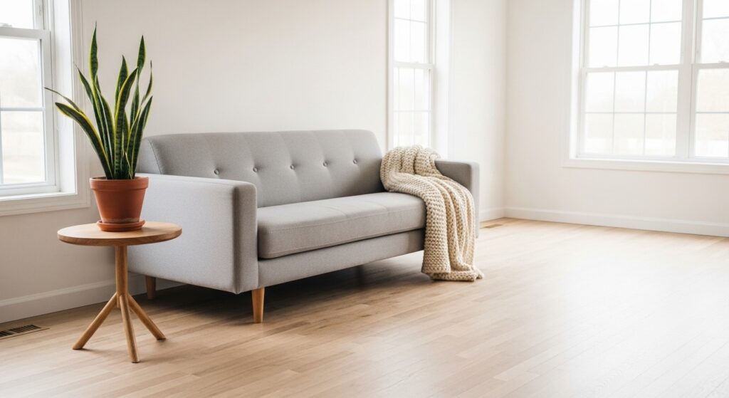 Rental living room ideas with minimalist styling, clear surfaces, and three intentional decor items on shelf