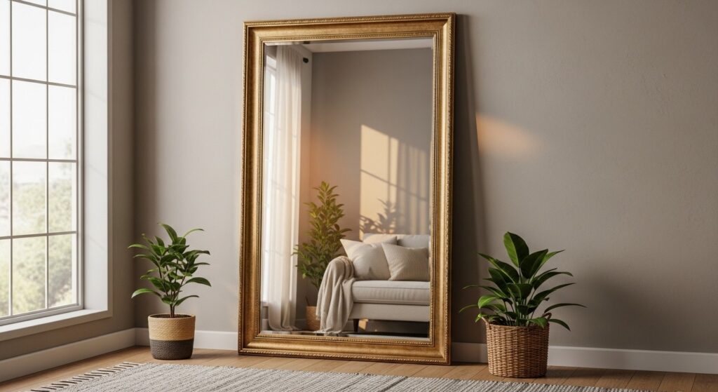 Renter friendly living room decor with large leaning mirror and statement rug as room focal point