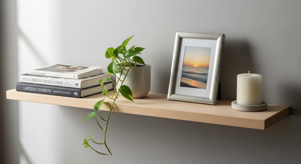 Apartment living room decor with personal touches — plants, stacked books, and framed photo propped on shelf