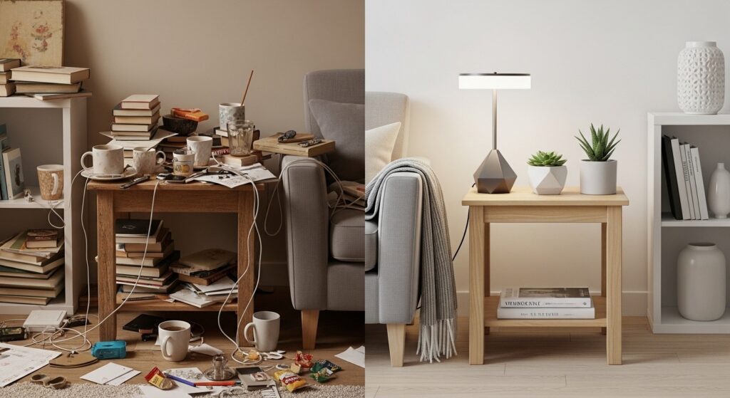 Rental living room before and after editing — split view showing cluttered surfaces vs three intentional objects