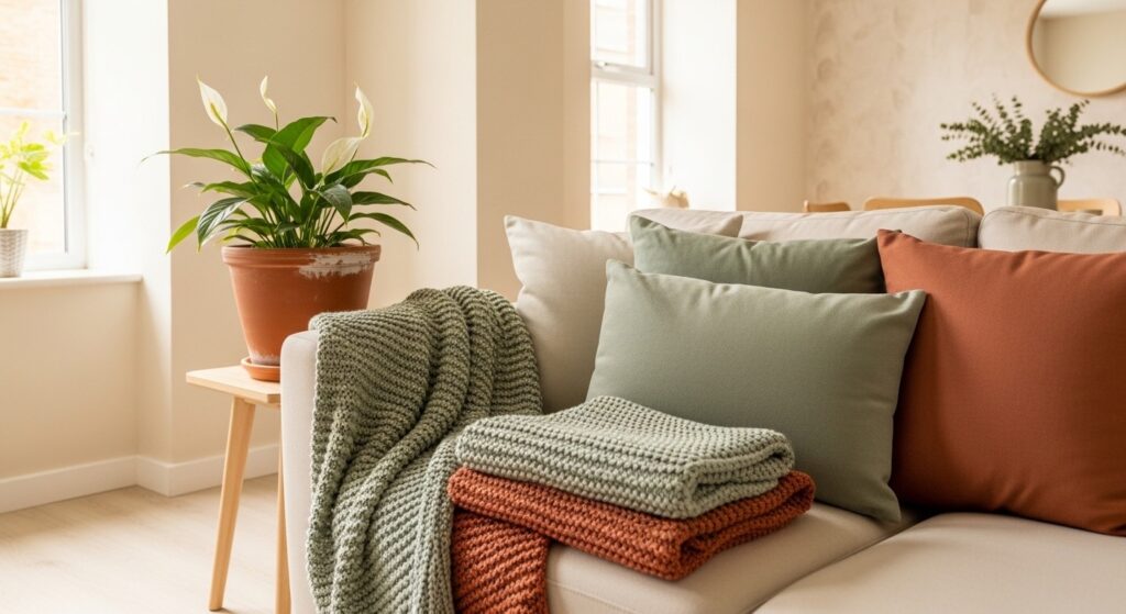 Renter friendly living room decor using 60-30-10 color rule with cream neutrals, sage green, and terracotta accents