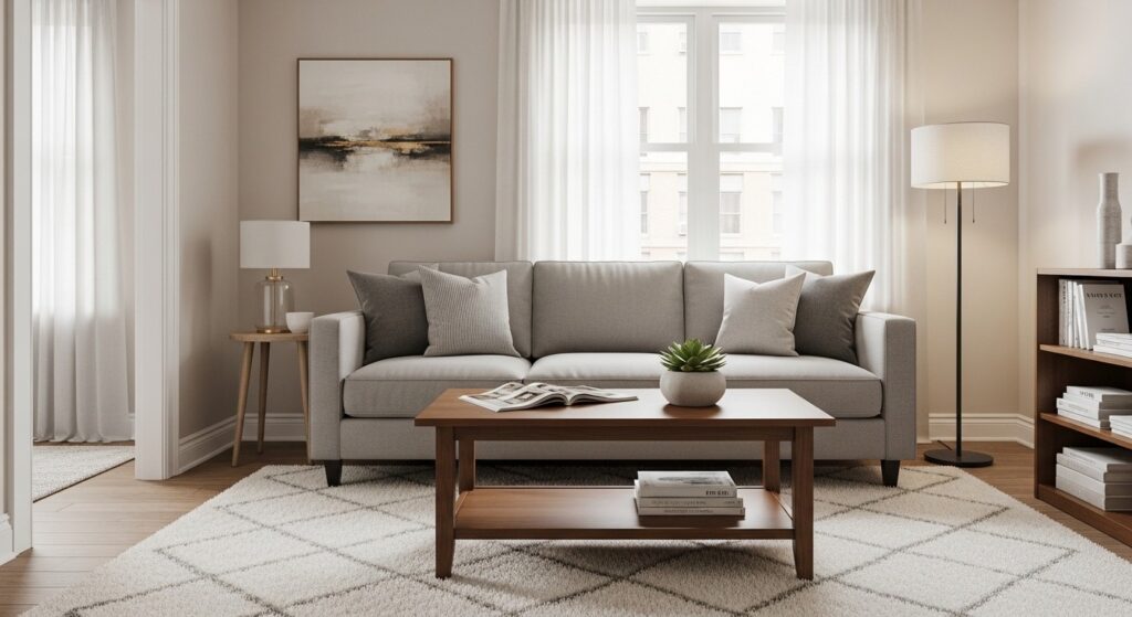 Apartment living room decor showing correctly sized area rug with sofa front legs resting on it