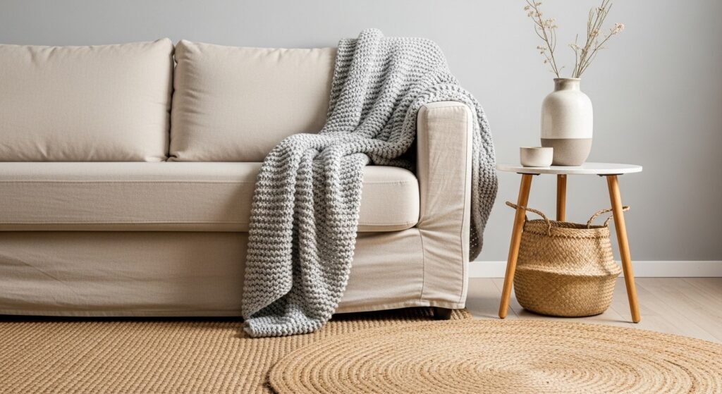 Rental living room with layered textures — linen sofa, jute rug, chunky knit throw, and ceramic vase