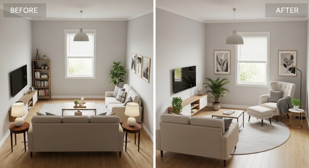 Living room refresh ideas showing floated sofa pulled away from wall with 18-inch walkway and focal point arrangement