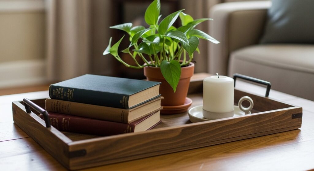 Zero cost home refresh by styling coffee table vignette using tray, books, and plant moved from other rooms