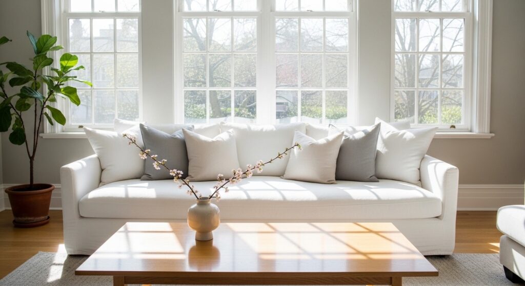 Free living room update with deep cleaned windows, polished wooden surfaces, and freshly washed throw cushions