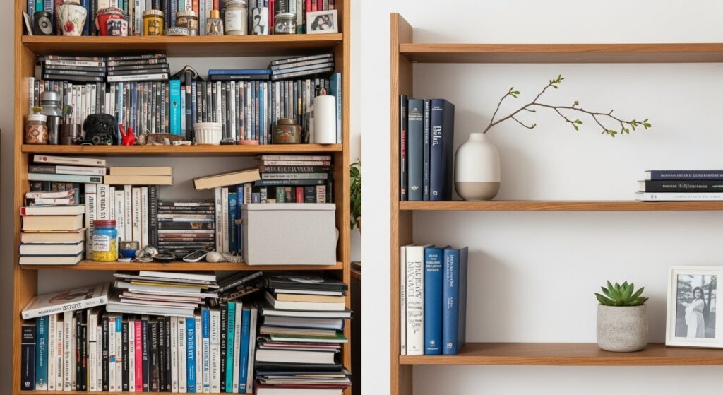 Living room refresh ideas with fully cleared shelf styled back using only three intentional objects and visible gaps