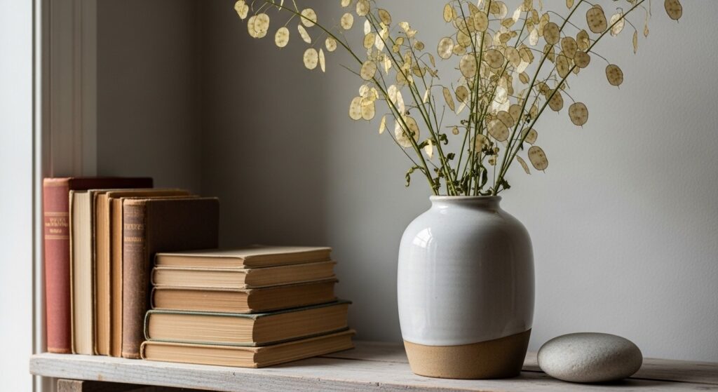 Free living room updates using garden branches in ceramic vase and dried wildflowers as natural shelf decor