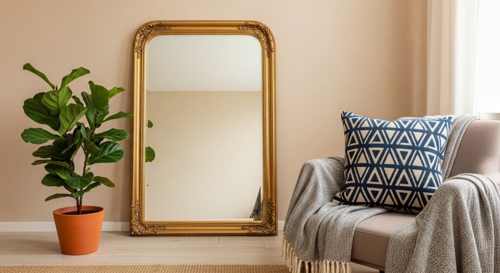 Zero cost home refresh by swapping bedroom throw pillows and hallway mirror into living room for new look