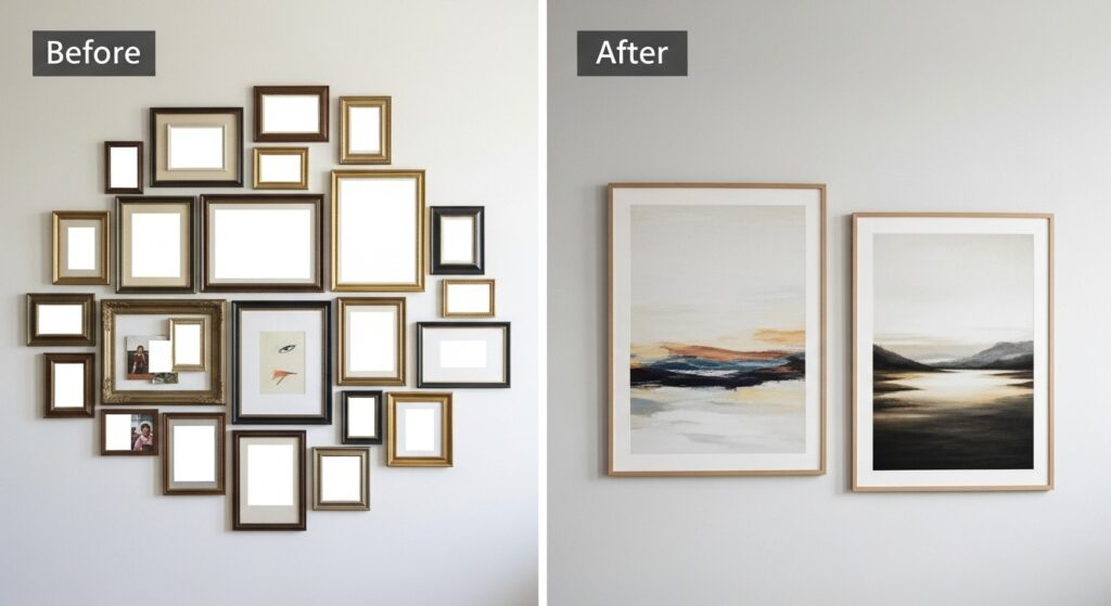 Living room wall decor edited down to one intentional canvas with visible breathing space around it