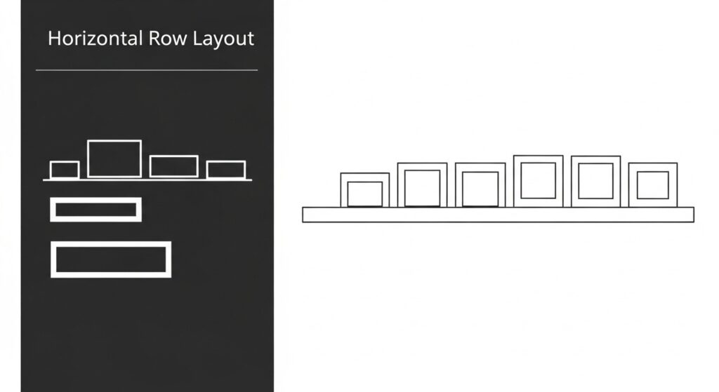 Photo wall living room layouts showing grid, salon style, and horizontal row arrangements above sofa
