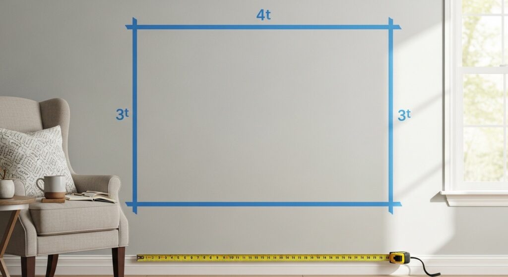 Gallery wall ideas planning with tape measure, wall photo reference, and floor layout of frames