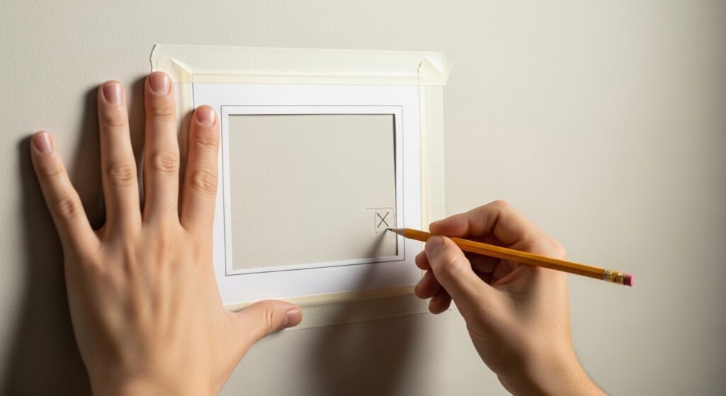 Gallery wall hanging using paper template method and adhesive strips for renter-friendly installation