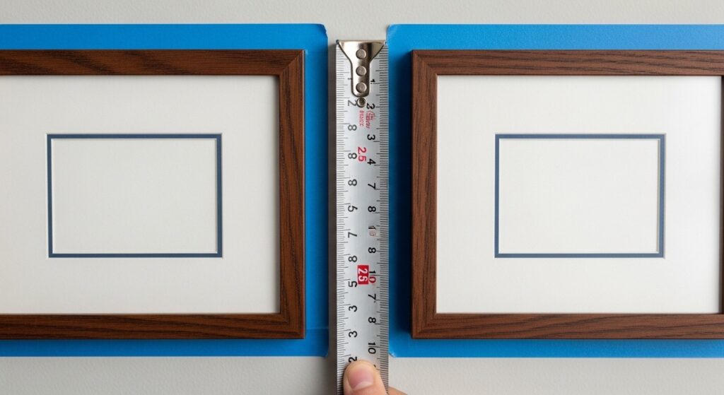 Gallery wall ideas with painter's tape mock-up on wall showing 2 to 3 inch gaps between frames