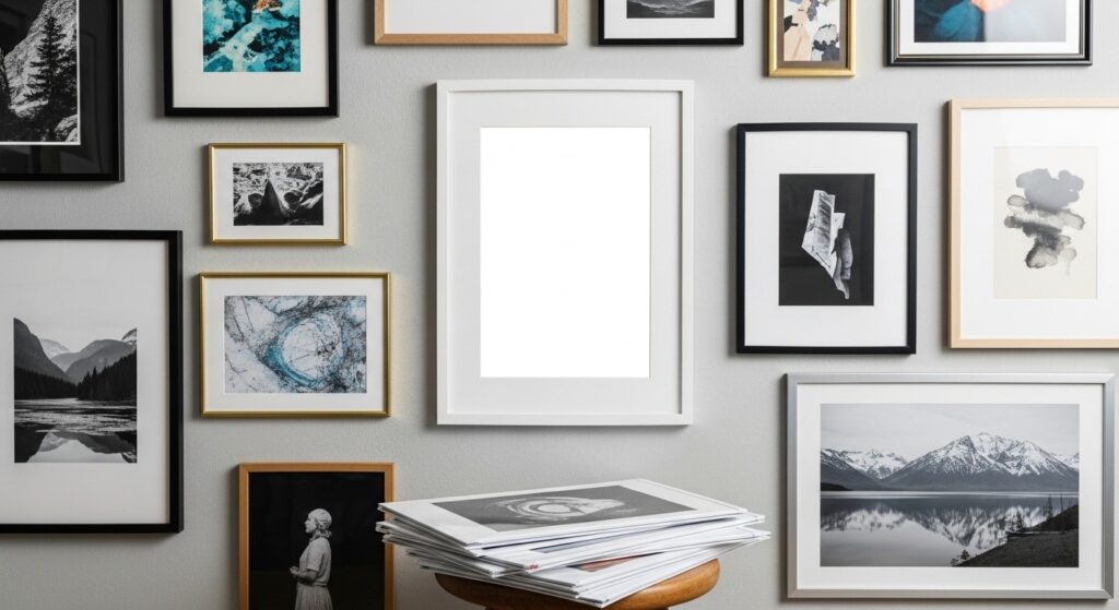 Picture wall layout refreshed with seasonal print swap and spray painted unified frame collection