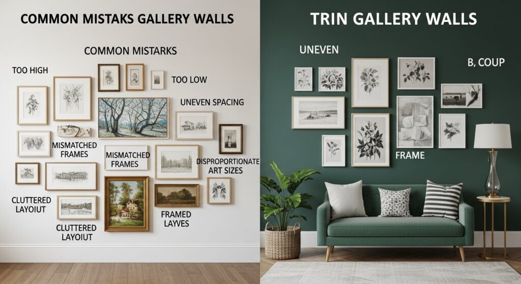 Common gallery wall mistakes showing art hung too high and oversized frames clustered on one side