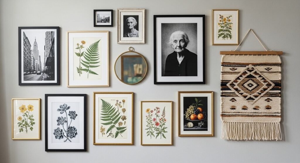 Photo wall living room display mixing art prints, black and white personal photos, and small mirror