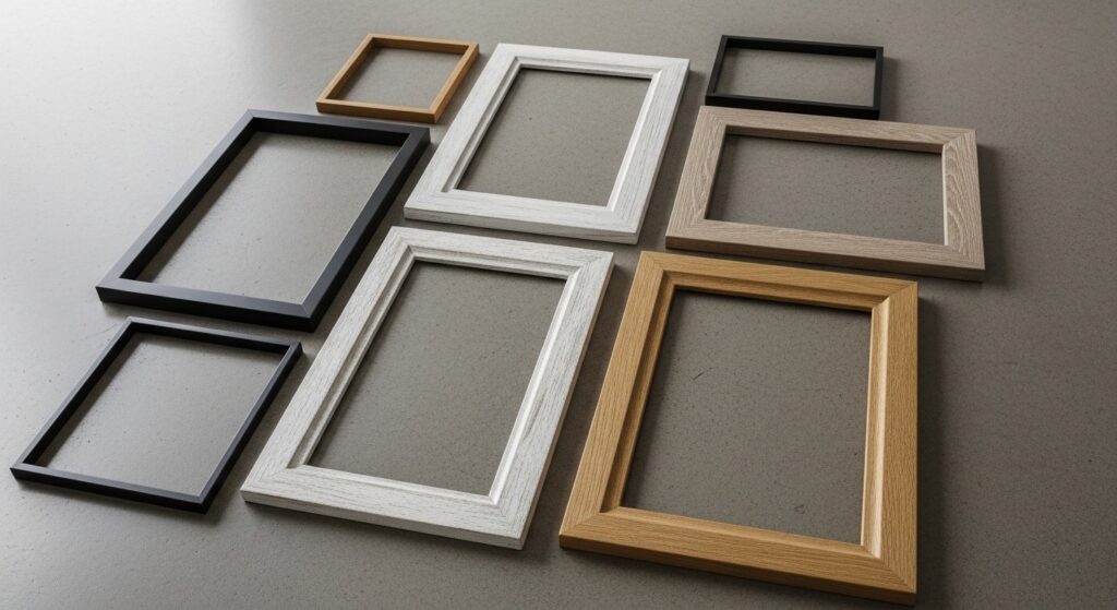 Picture wall layout with mixed frame sizes unified by consistent matte black finish and white mats