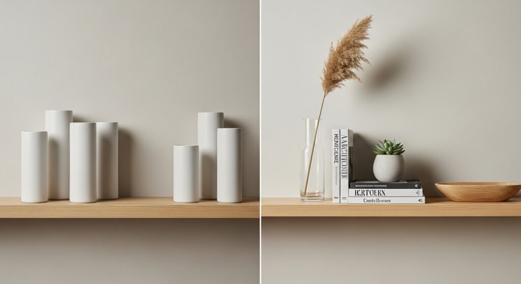 Bookshelf decor ideas using three-tier height variation — tall candlestick, mid-height ceramics, and low flat stacked books