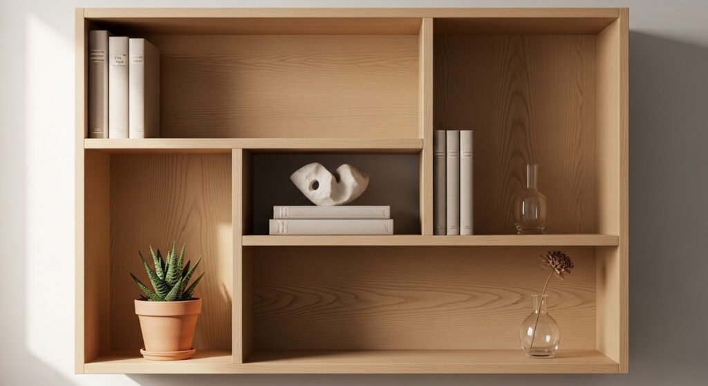 Living room shelf decor using less-is-more philosophy with odd-number groupings and 30% empty shelf space for breathing room