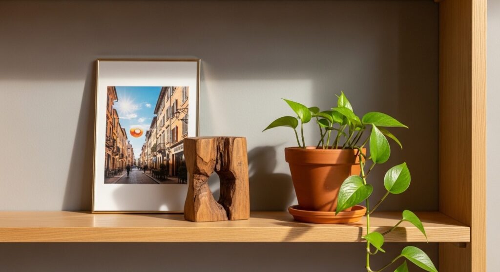 Bookshelf decor ideas with personal touches — framed black-and-white travel photo, natural stone object, and meaningful book on display