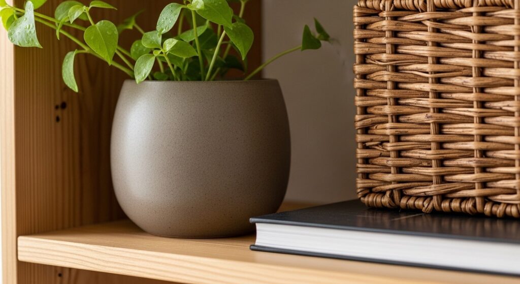 Living room shelf decor mixing textures with smooth ceramic vase, woven rattan basket, raw wood object, and trailing houseplant