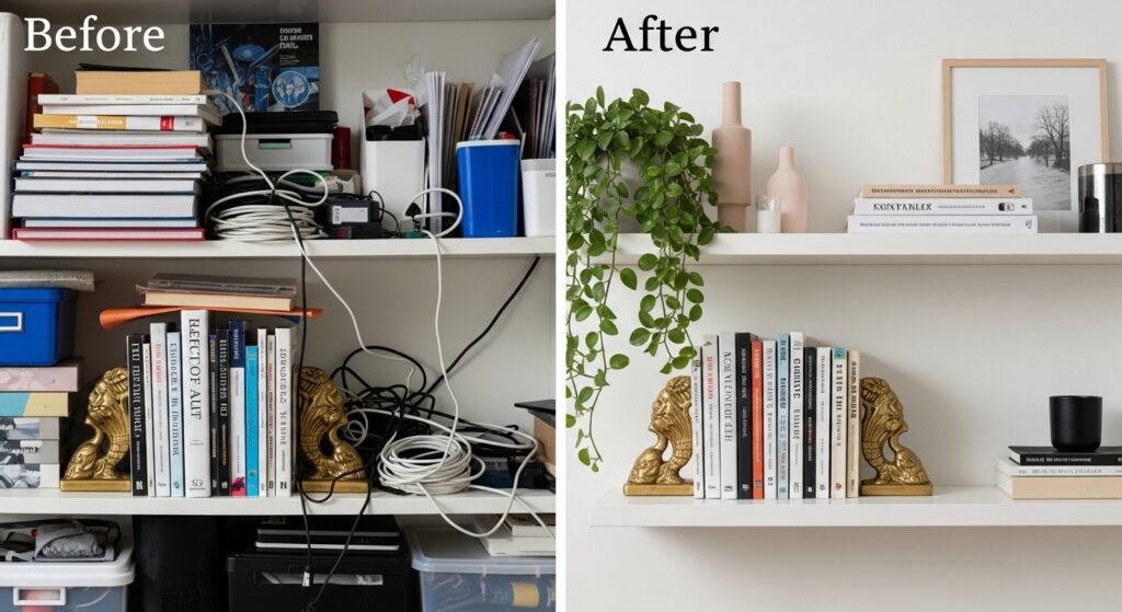 Living room shelf decor after ruthless edit — cleared shelf with duplicates removed and practical clutter hidden in lidded basket below