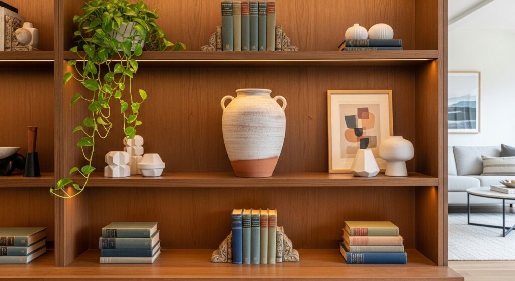 Shelf styling tips showing off-center large sculptural vase as anchor focal point on a minimalist living room shelf