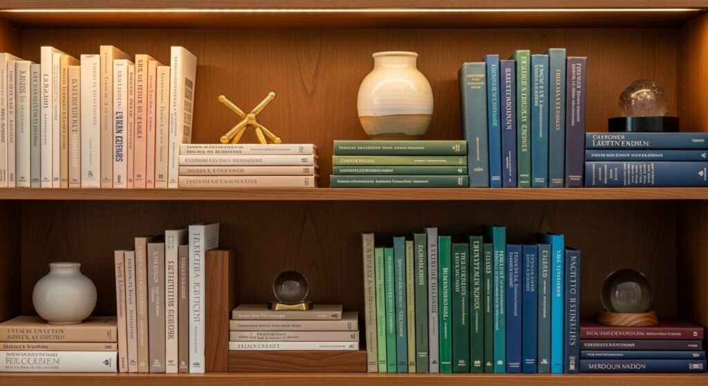Shelf styling tips using warm neutral base palette with books arranged by spine color and two coordinated accent tones
