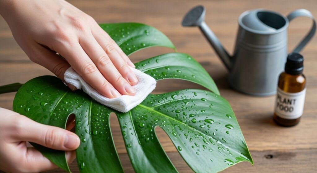 Living room plant care routine showing finger soil moisture test, damp cloth leaf wipe, and plant positioned near natural light window