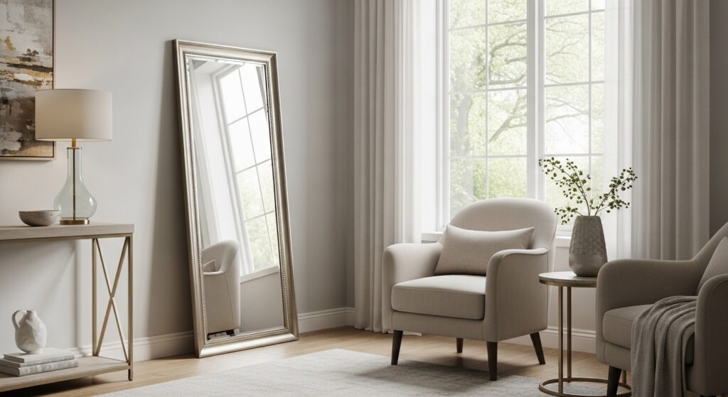 Living room mirror ideas for dark rooms using large floor mirror leaned against wall nearest window to bounce ambient daylight across space