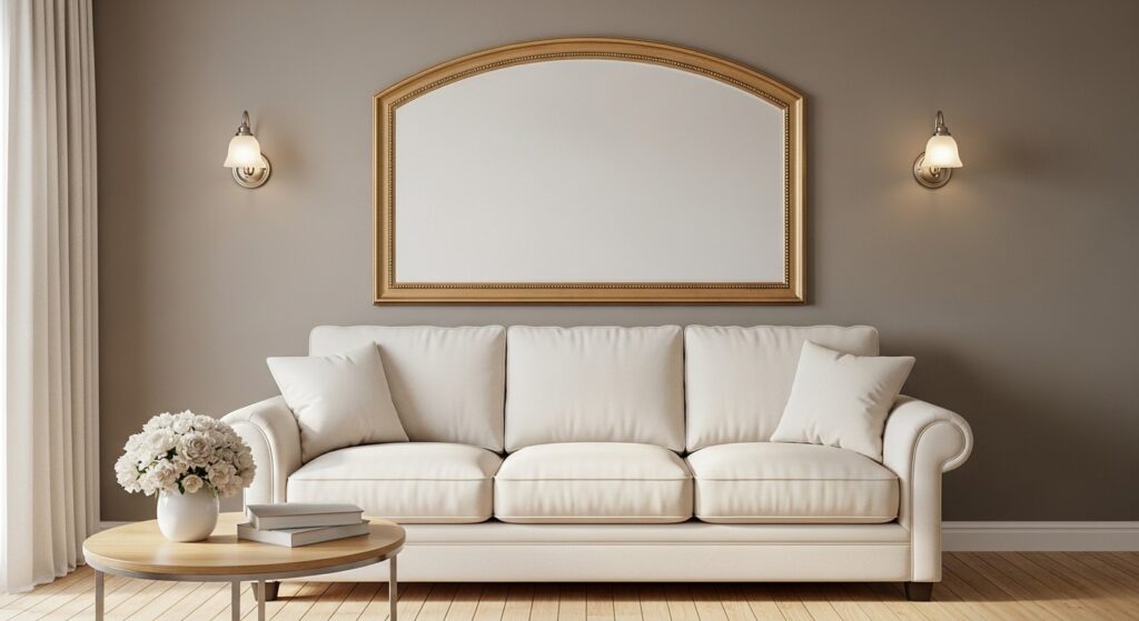 Statement mirror decor with oversized sunburst mirror above console table in minimalist living room serving as bold standalone focal point