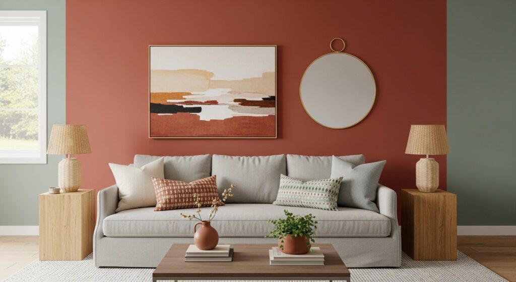 Terracotta painted accent wall ideas with neutral sofa, wood tables, woven lamps and earthy decor

