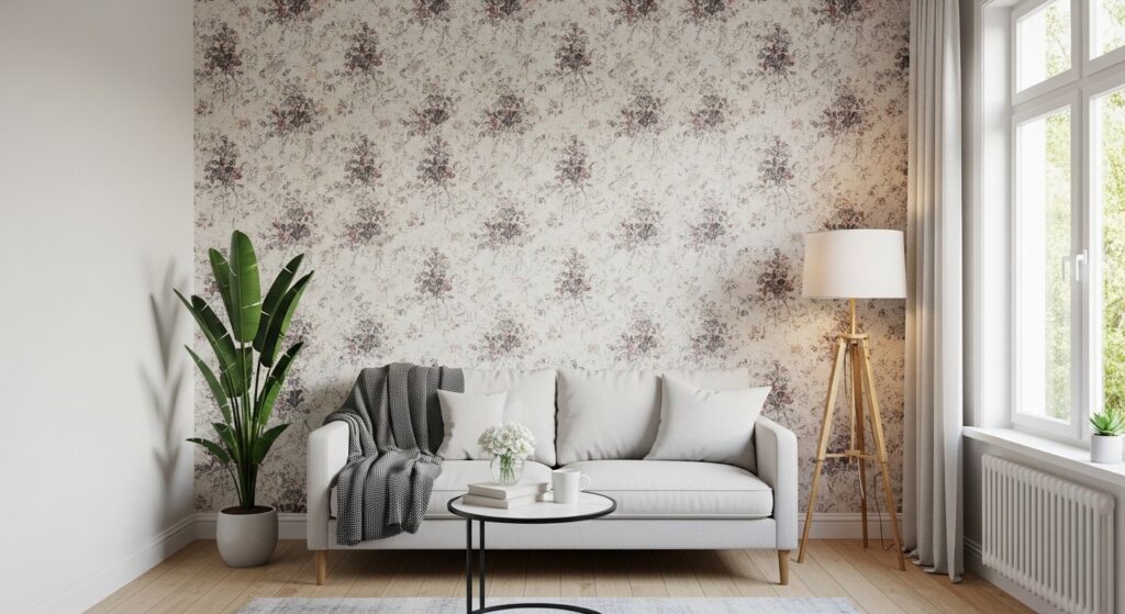 Floral wallpaper accent wall ideas in a bright living room with white sofa, tripod lamp and potted plant
