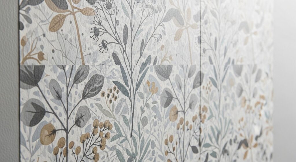 Botanical wallpaper close-up for elegant living room wall decor in soft gray, beige and muted gold